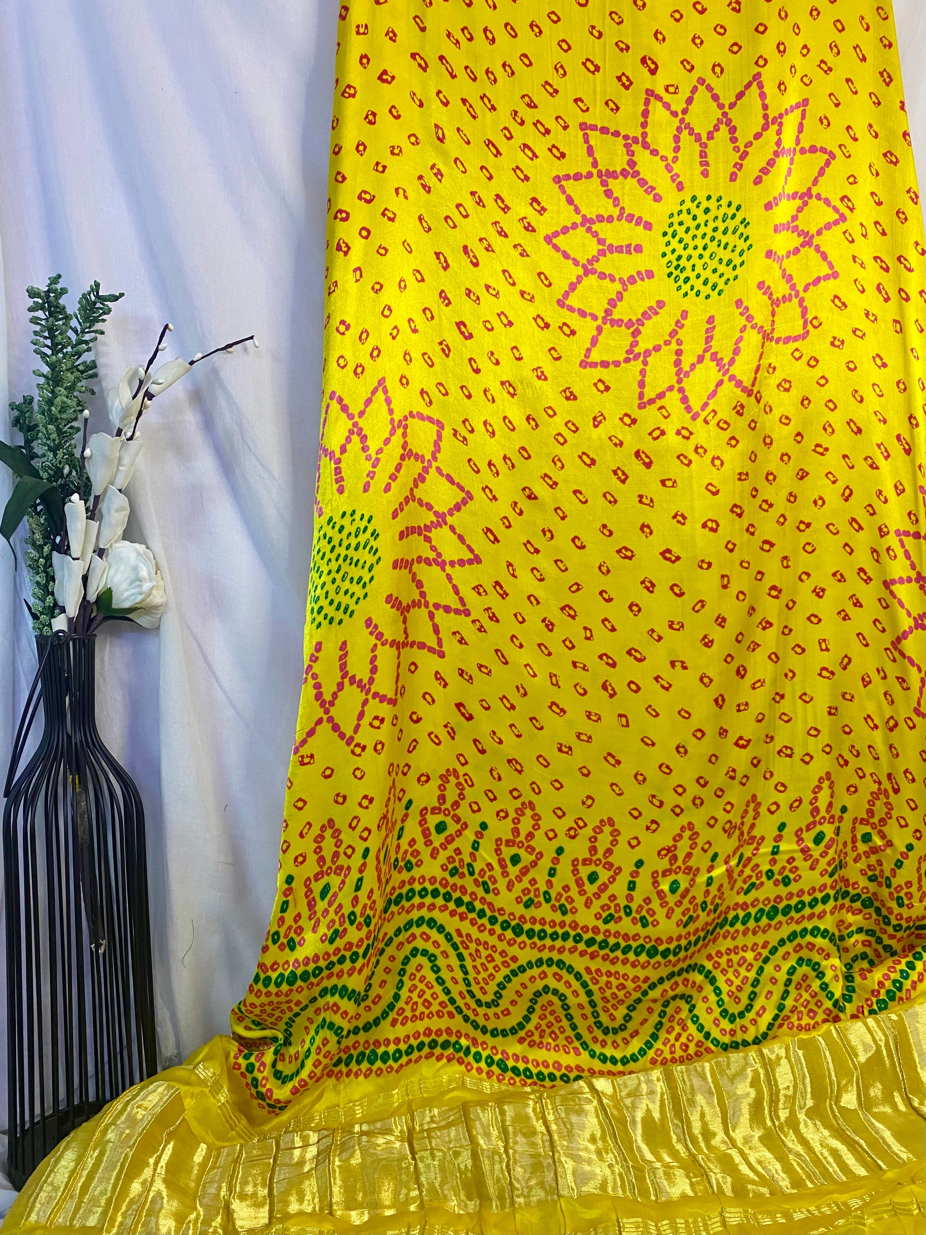 Bandhani print with flowers on Pure Gajji Silk Dupatta - indiefabstore