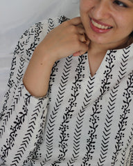 Black and white combination striped pure cotton short kurta - indiefabstore