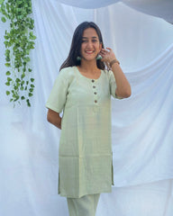 Chic Light Pista Green Co-ord Set in Satin Finish Cotton with Elbow Sleeves and Round Neck Top, Paired with Comfortable Pants