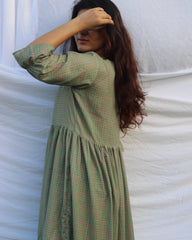 Cotton Linen small print green midi dress - indiefabstore