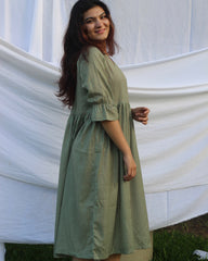 Cotton Linen small print green midi dress - indiefabstore