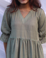 Cotton Linen small print green midi dress - indiefabstore