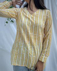 Cotton Linen yellow abstract short tunic - indiefabstore