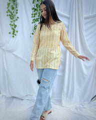 Cotton Linen yellow abstract short tunic - indiefabstore