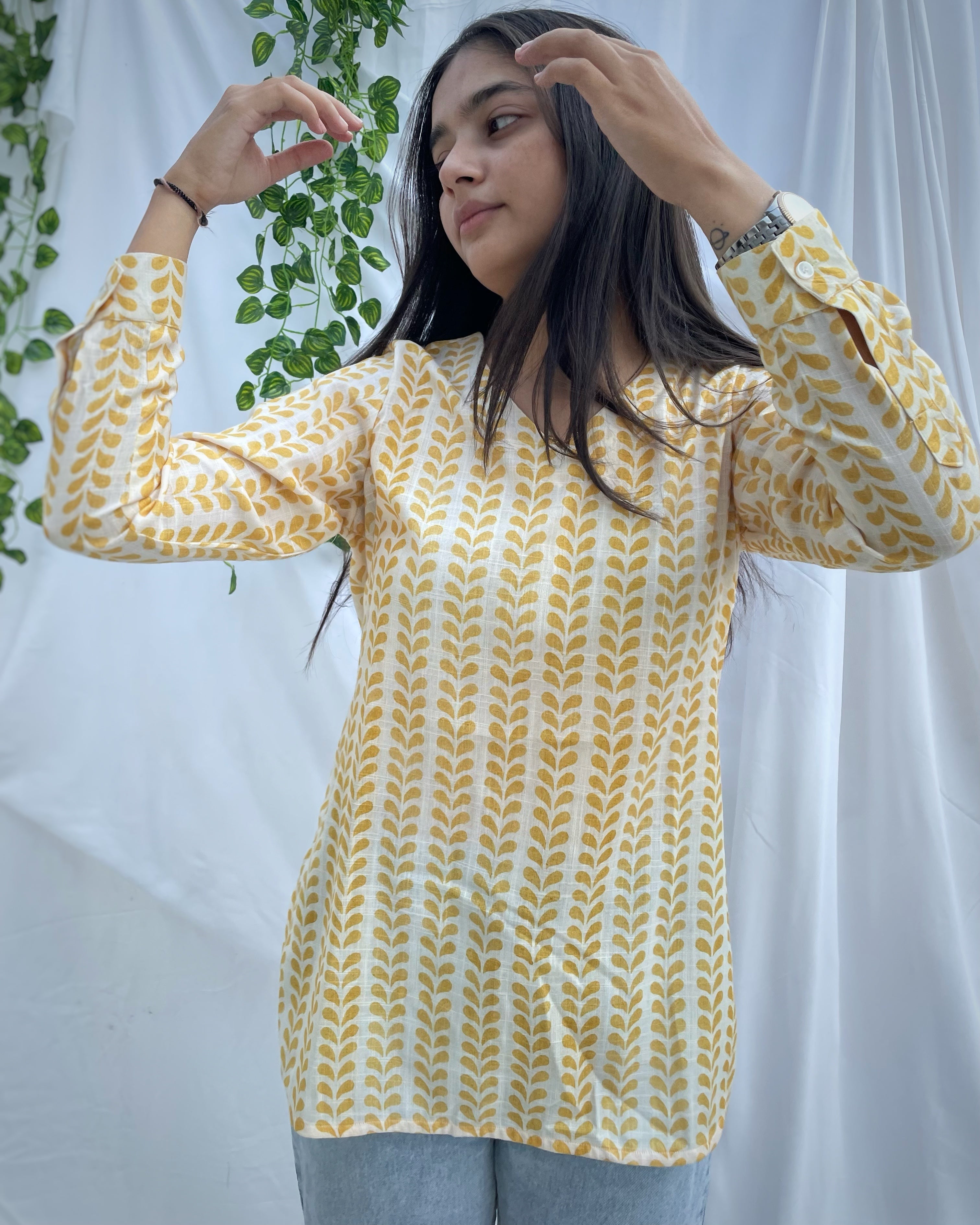 Cotton Linen yellow abstract short tunic - indiefabstore