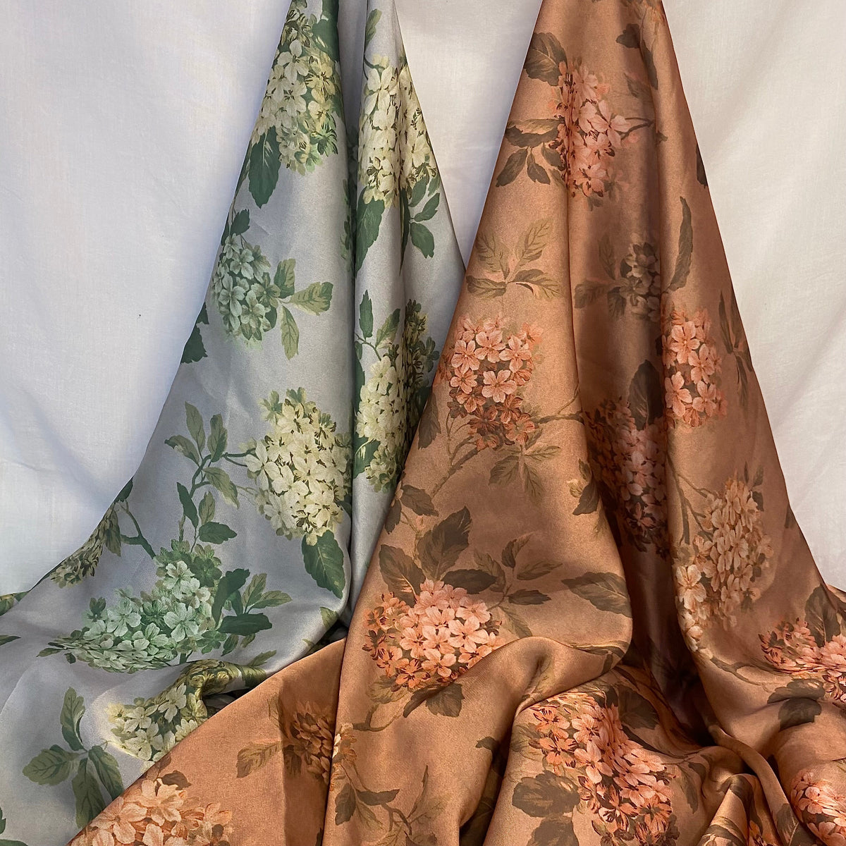 Earthy & Grey ground with aesthetic florals on Georgette Satin fabric per meter - indiefabstore