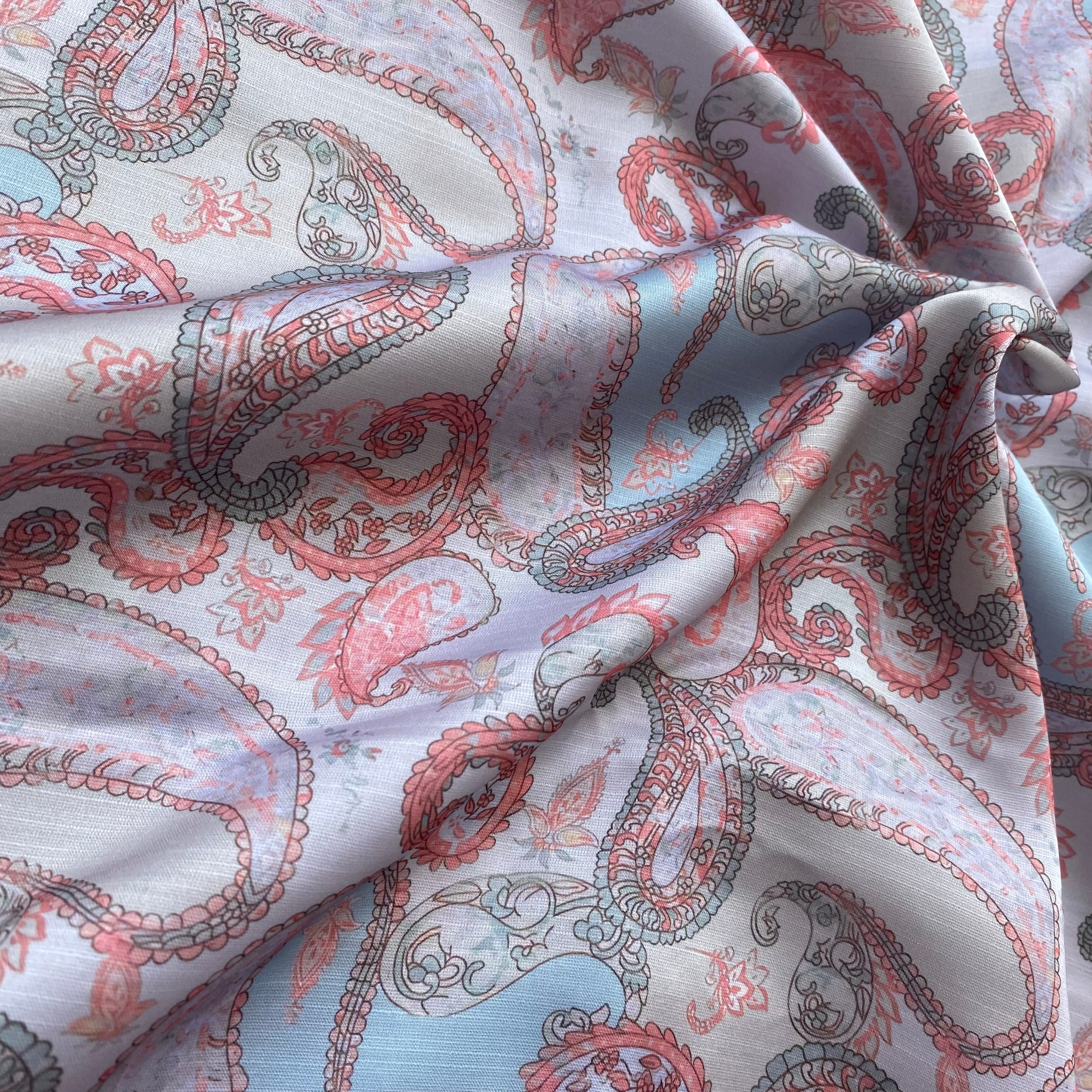 Elegant paisley print on Linen satin fabric per meter - indiefabstore