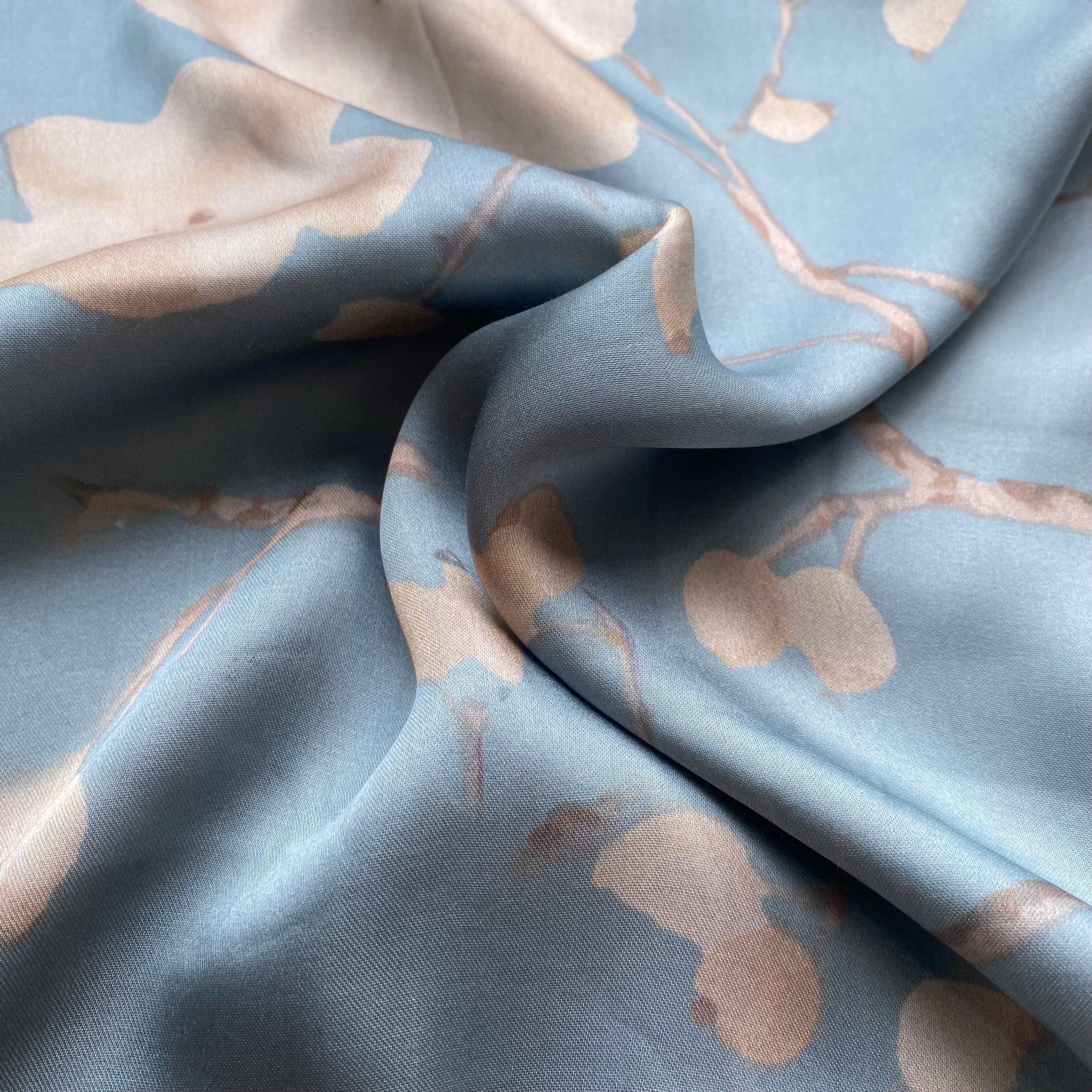 Floral Sky blue print on Modal satin fabric per meter - indiefabstore
