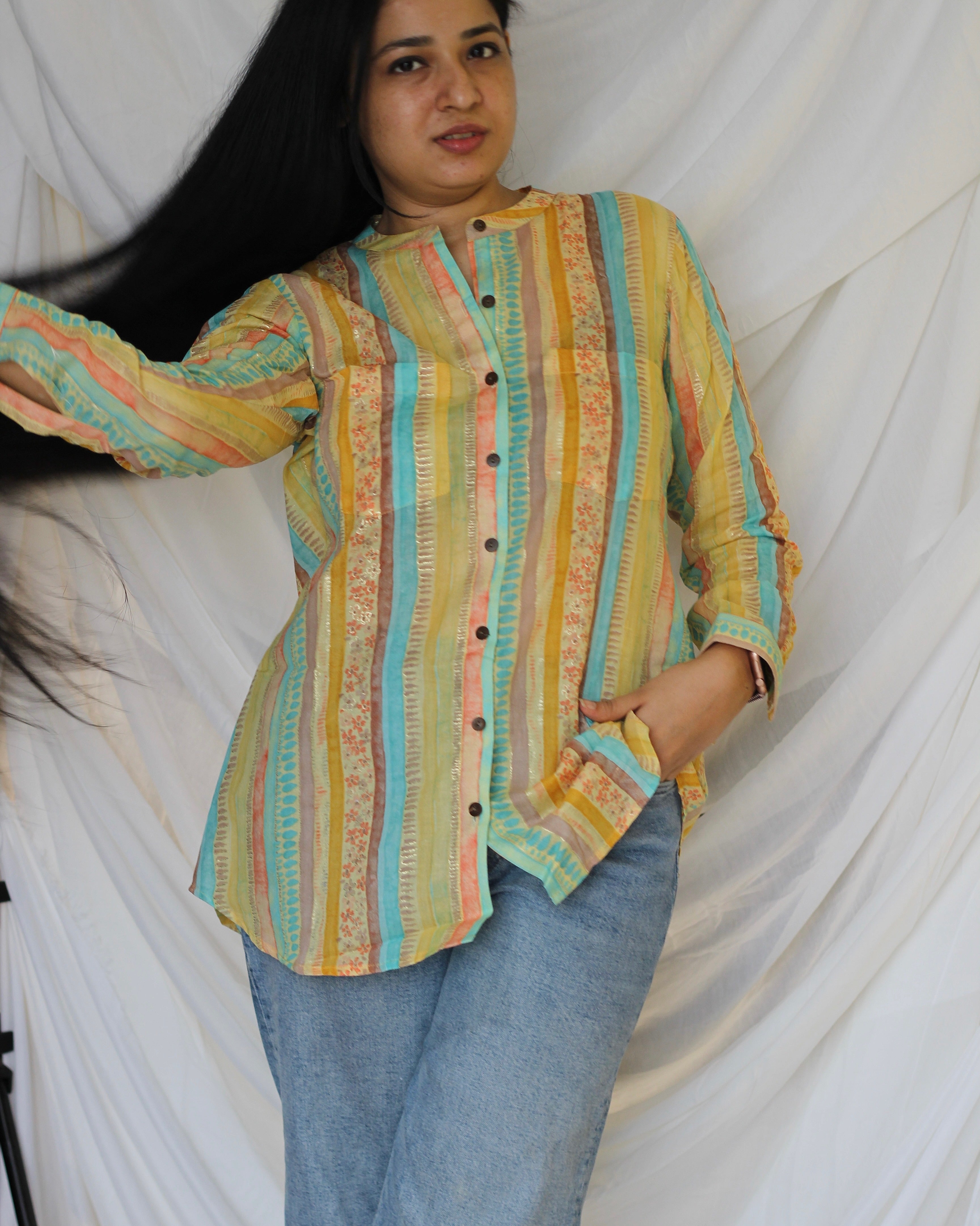 Multiprint contrast yellow stripes shirt - indiefabstore