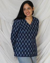 Pure Cotton blue floral short kurta - indiefabstore