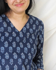 Pure Cotton blue floral short kurta - indiefabstore