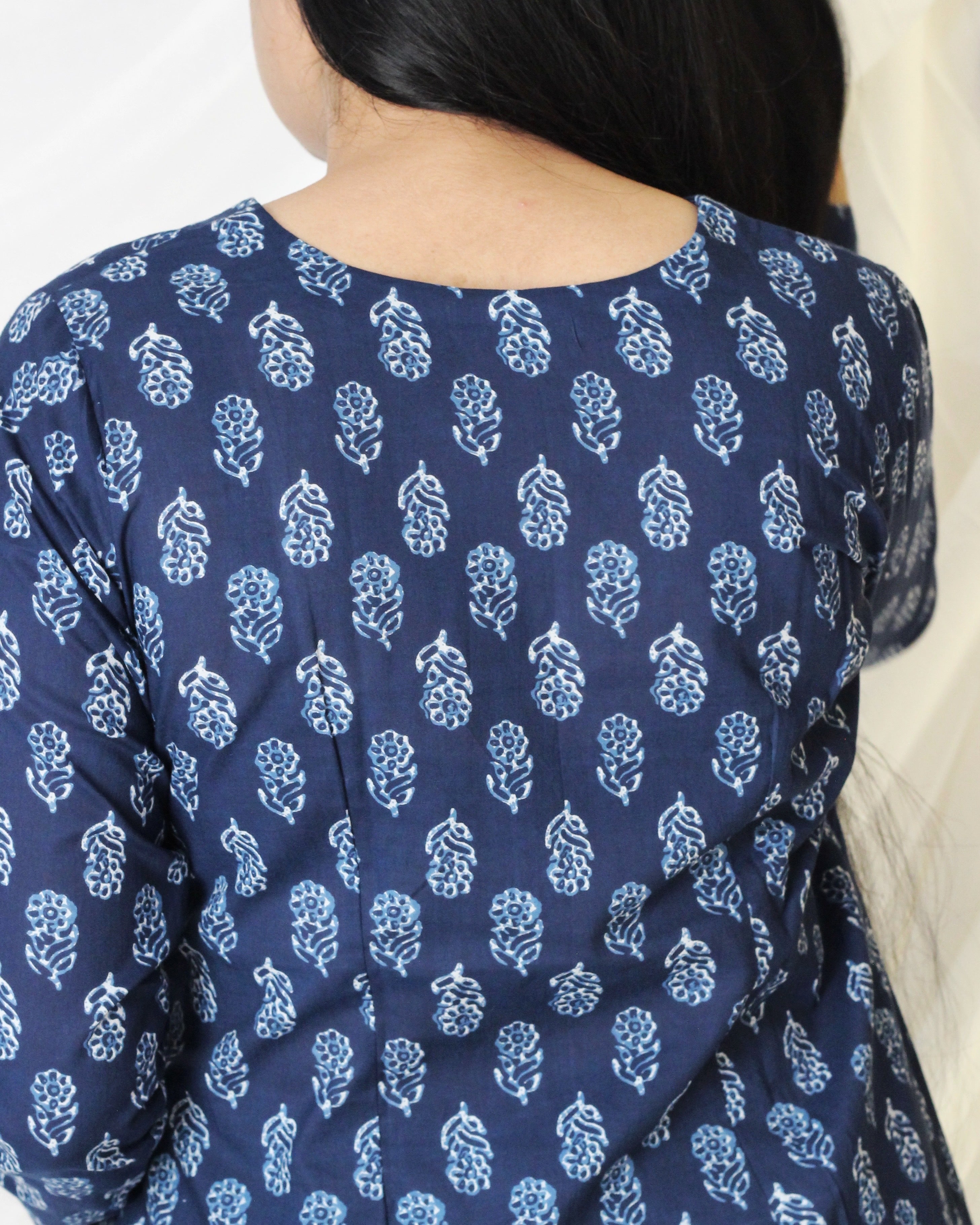 Pure Cotton blue floral short kurta - indiefabstore