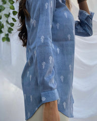 Grey Stripes Cotton Linen Tunic with White Bootis, Full Sleeves, and Chinese neck