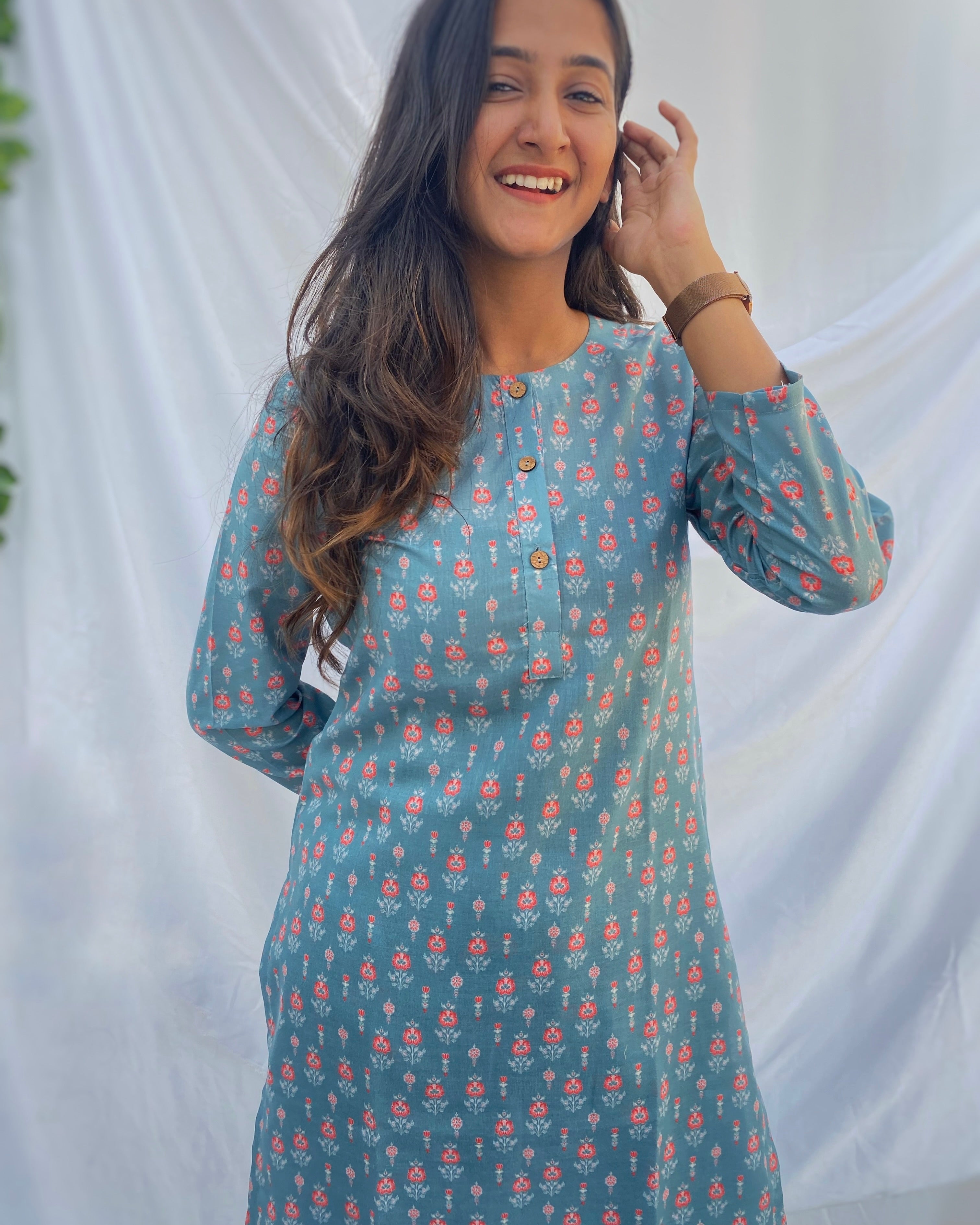 Small Booti print Mul cotton turqoise long kurta - indiefabstore