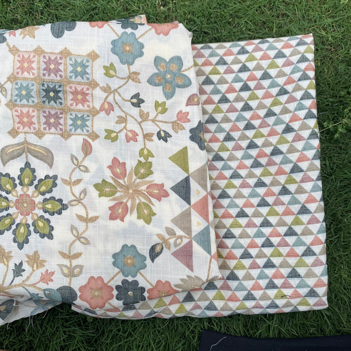 White Multicolor print with geometric bottom set per meter price - indiefabstore